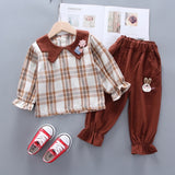 Baby Girl Two Piece Summer Cotton Plaid Long Sleeved Shirts + Pants Clothes