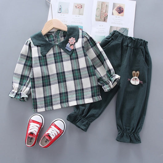 Baby Girl Two Piece Summer Cotton Plaid Long Sleeved Shirts + Pants Clothes