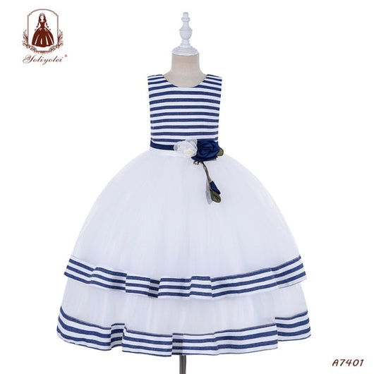 Girl's Communion Stripe Designer Dress - Blue
