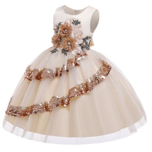 Girl's Embroidered Sequin Dress - Beige