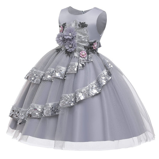 Girl's Embroidered Sequin Dress - Gray